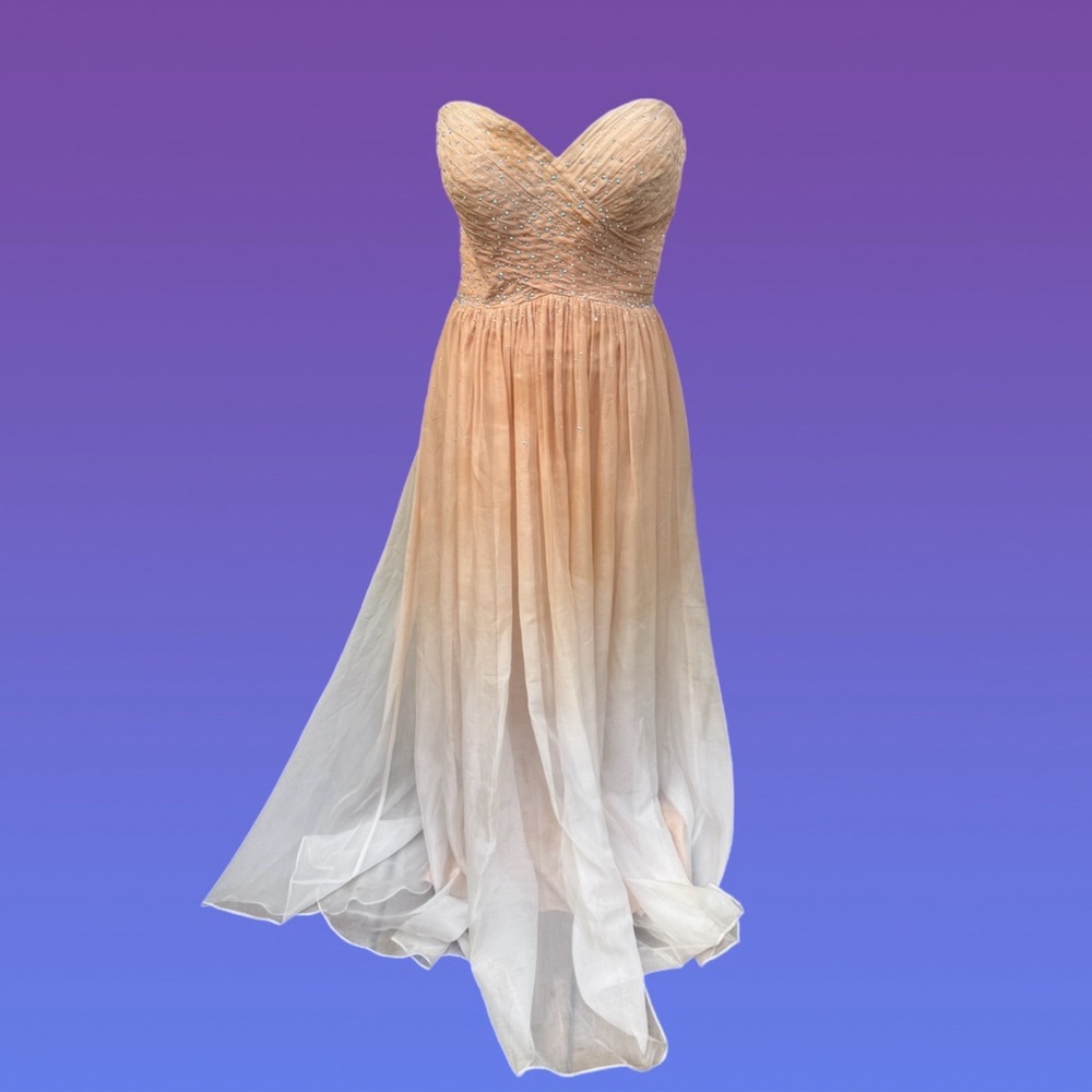 La Femme Strapless Peach and Cream Dress with blue rhinestone detailing